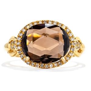 14K Yellow Gold Smoky Quartz & Diamond Halo Ring